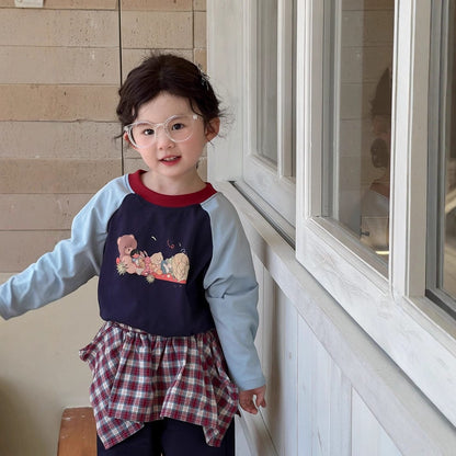 長袖Tシャツ ベアくまプリントパッチワークラグラン長袖Tシャツ【mh0010702】