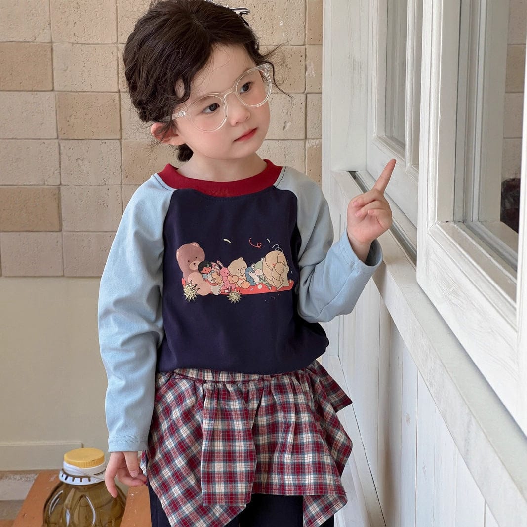 長袖Tシャツ ベアくまプリントパッチワークラグラン長袖Tシャツ【mh0010702】