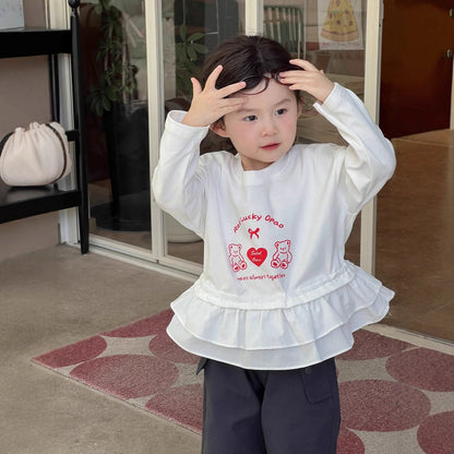 長袖Tシャツ White / 90cm ベアくまハートプリントペプラムフリル長袖Tシャツ【mh0010697】