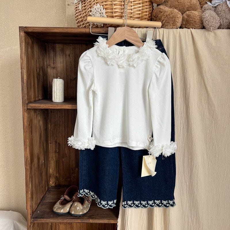 長袖Tシャツ White / 90cm シフォンフラワー長袖ガーリーTシャツ【mh0010709】