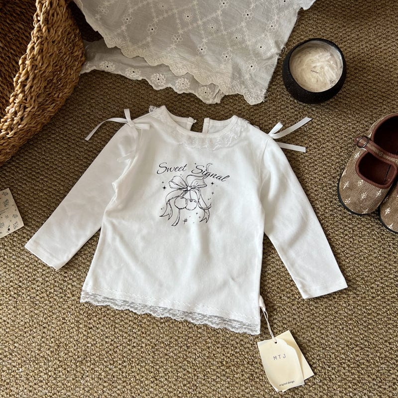 長袖Tシャツ White / 90cm リボンレース長袖ガーリーTシャツ【mh0010717】