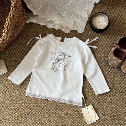 長袖Tシャツ White / 90cm リボンレース長袖ガーリーTシャツ【mh0010717】