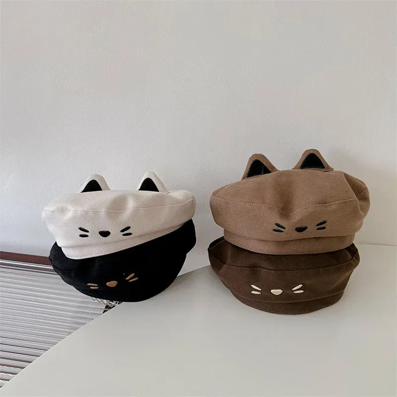 ベビー用帽子 キッズ帽子 ねこ 猫 キャット 刺繍 ベレー帽 耳付き ハット