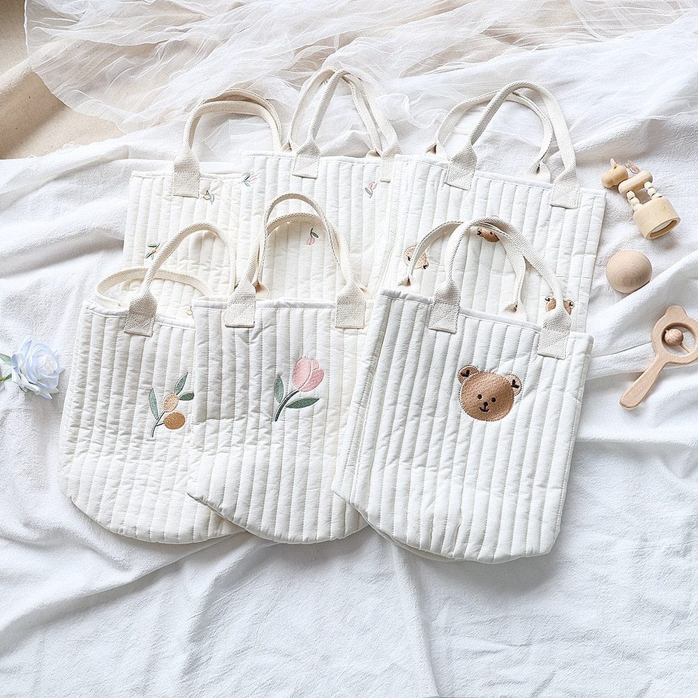 マザーズバッグ キルティング 刺繍 バケツ バック ママバッグ くま オリーブ チューリップ