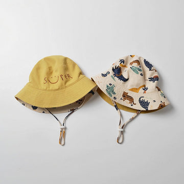 ベビー用帽子 ベビー キッズ ダイナソー 恐竜 スマイル 刺繍 リバーシブル バケットハット 帽子 ボーイズ