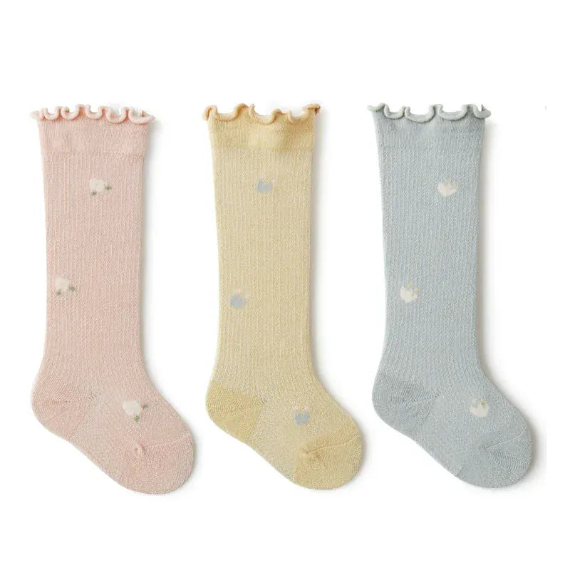 ベビー用靴下・タイツ 051-02 / XS for 0-6m ＊メーカー直送＊ ベビーソックス 靴下3足セット フリルハイソックス フラワー花柄【mh0004603】