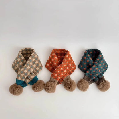 ネックウォーマー キッズマフラー ニット ネックウォーマー ぽんぽん付き チェック 10カラー【mh0003738】