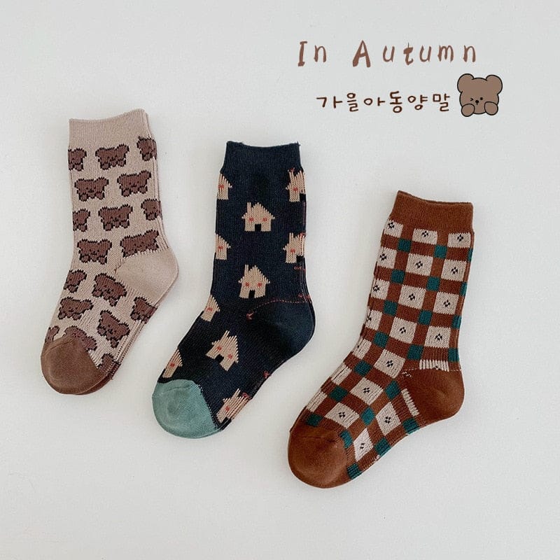 ベビー用靴下・タイツ 1501 / 3-5Y M キッズ くま ベア うさぎ バニー 秋色 ソックス 靴下 3足 セット