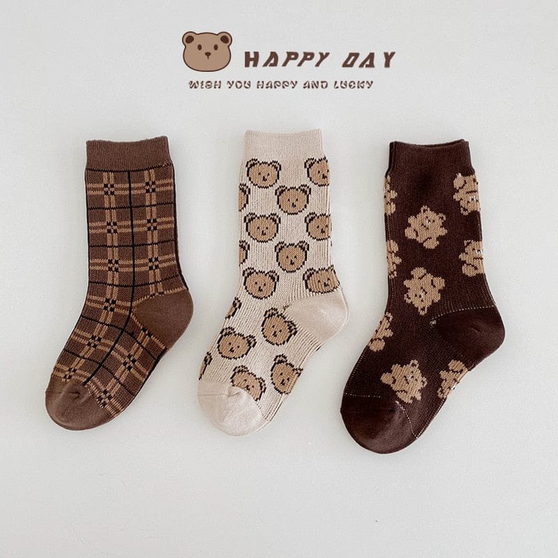ベビー用靴下・タイツ 1502 / 3-5Y M キッズ くま ベア うさぎ バニー 秋色 ソックス 靴下 3足 セット