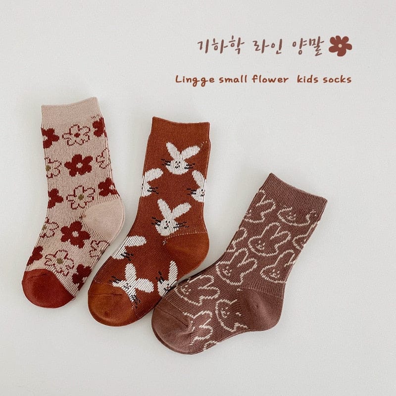 ベビー用靴下・タイツ 1503 / 3-5Y M キッズ くま ベア うさぎ バニー 秋色 ソックス 靴下 3足 セット