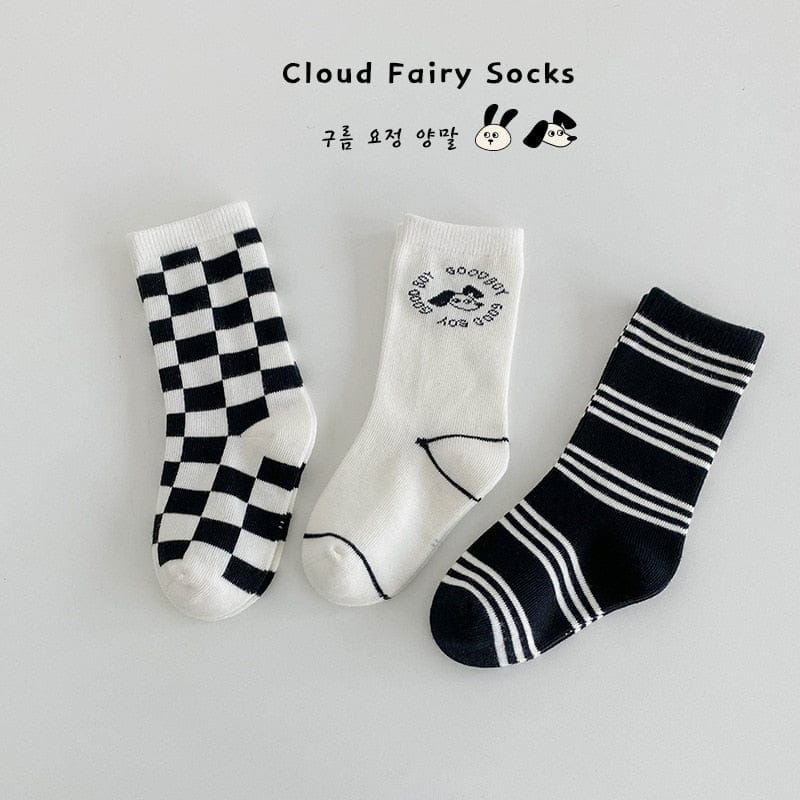 ベビー用靴下・タイツ 1510B / 3-5Y M キッズソックス 靴下 3足セット ボーダー 水玉 ドット チェック ユニセックス 男の子 女の子