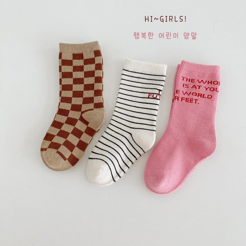 ベビー用靴下・タイツ 1513A / 3-5Y M キッズソックス 靴下 3足セット ボーダー 水玉 ドット チェック ユニセックス 男の子 女の子