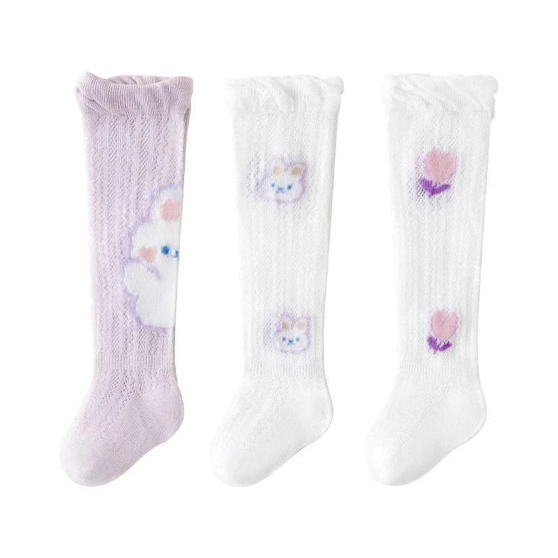 ベビー用靴下・タイツ 23257purple / S for 0-1Y ベビーソックス 靴下3足セット ハイソックス メッシュ サマーソックス