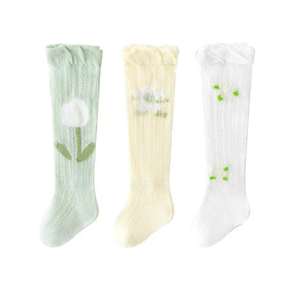ベビー用靴下・タイツ 23258green / S for 0-1Y ベビーソックス 靴下3足セット ハイソックス メッシュ サマーソックス