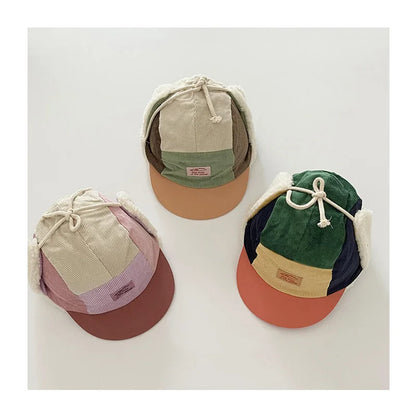 ベビー用帽子 キッズ帽子 耳付き帽子 裏ボアフリースキャップ パッチワークデザインハット 3カラー ユニセックス 男の子 女の子 子供服