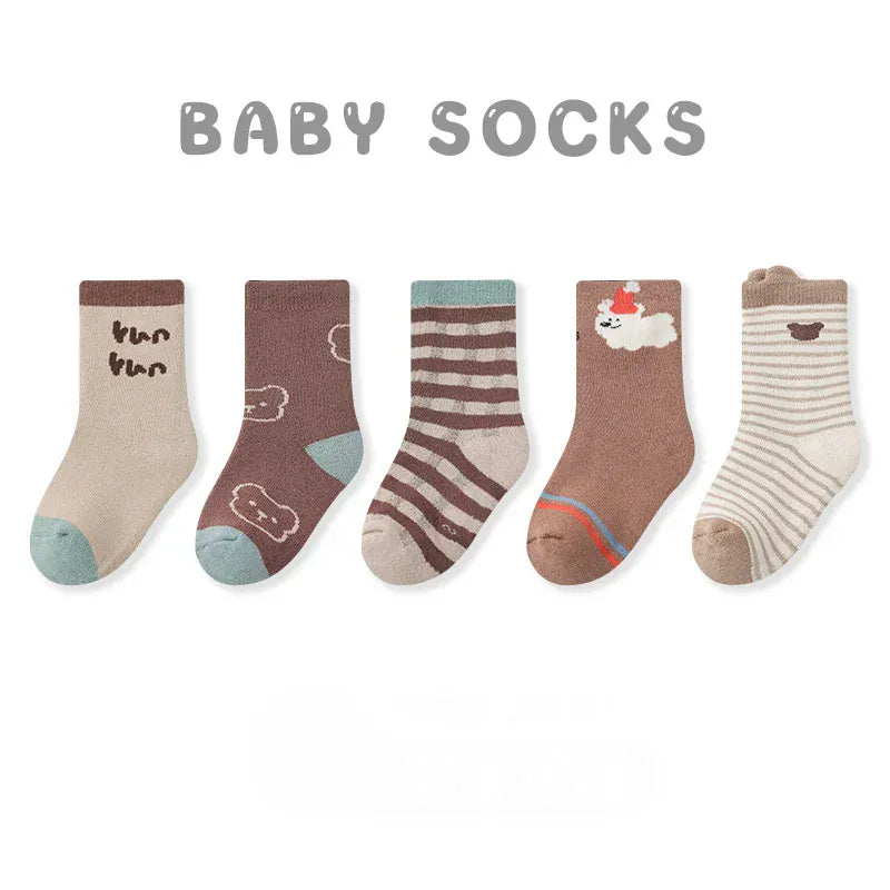 ベビー用靴下・タイツ 381 / 0-1Y XS ベビーソックス 靴下5足セット アニマル 自動車 花柄 厚手