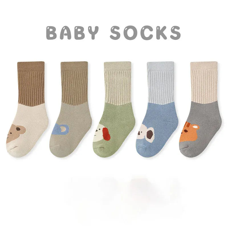 ベビー用靴下・タイツ 386 / 0-1Y XS ベビーソックス 靴下5足セット アニマル 自動車 花柄 厚手