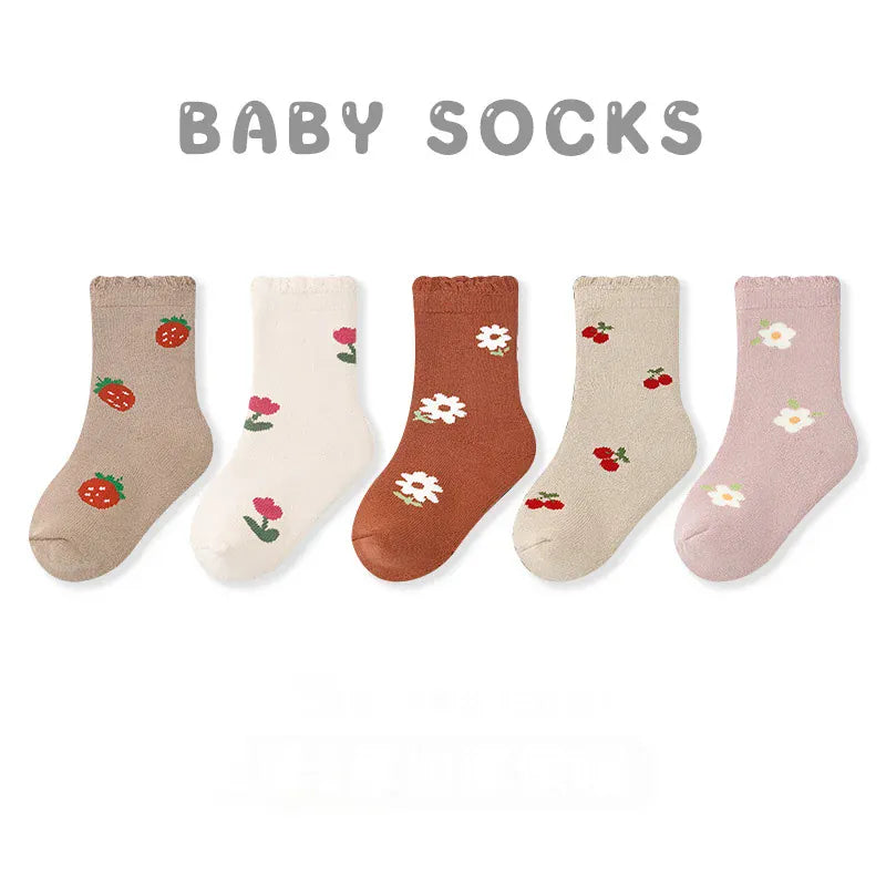 ベビー用靴下・タイツ 388 / 0-1Y XS ベビーソックス 靴下5足セット アニマル 自動車 花柄 厚手