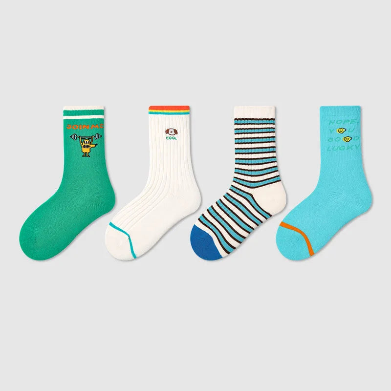 ベビー用靴下・タイツ キッズソックス 靴下4足セット ワッペンワンポイント ボーダー【mh0004066】