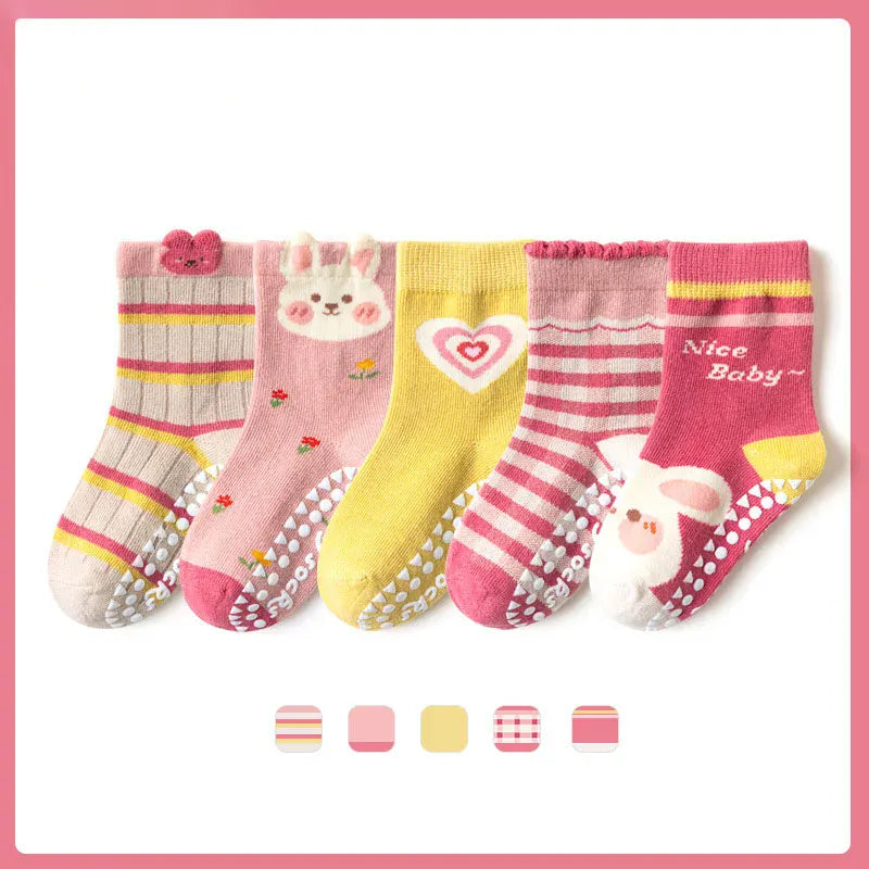 ベビー用靴下・タイツ ベビーキッズソックス 靴下5足セット 滑り止め付き うさぎバニー パンダ アニマル ショートソックス