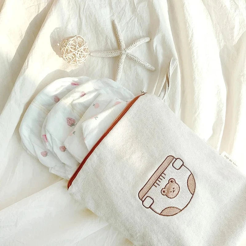 おむつポーチ キャンバス くま ベア トラベルポーチ 7個 セット 防水 おむつポーチ 歯ブラシケース ママバッグ【mh0003504】