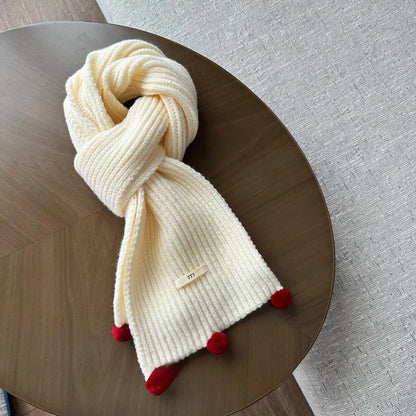 ネックウォーマー Apricot / 100cm-120cm キッズマフラー ポンポン付きニットスカーフネックウォーマー【mh0008174】