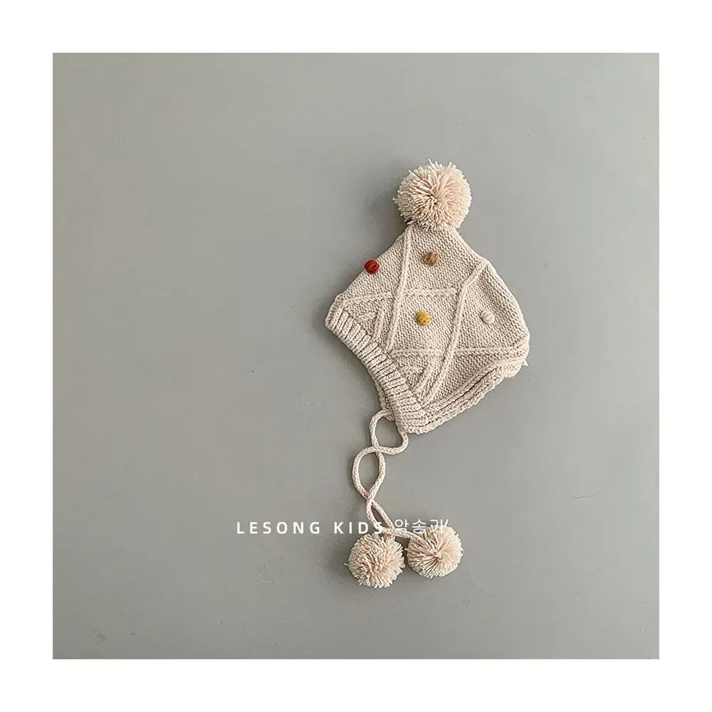 ベビー用帽子 Beige / 44-48cm ベビー帽子 ポンポン付きニットキャップボンネット 5カラー【mh0006952】