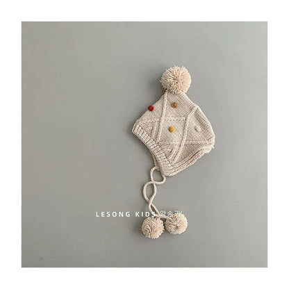 ベビー用帽子 Beige / 44-48cm ベビー帽子 ポンポン付きニットキャップボンネット 5カラー【mh0006952】