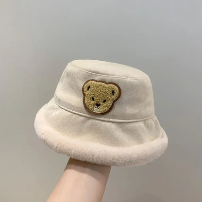 ベビー用帽子 beige / 46-52cm キッズ帽子 バケットハット ボアフリース 防寒 クマベアワンポイント 5カラー ユニセックス 男の子 女の子 子供服