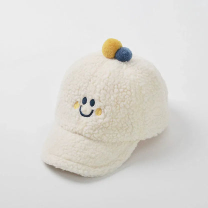 ベビー用帽子 Beige / 46cm ベビーキッズ帽子 スマイルフェイス刺繍ボアフリース野球帽キャップ【mh0008634】