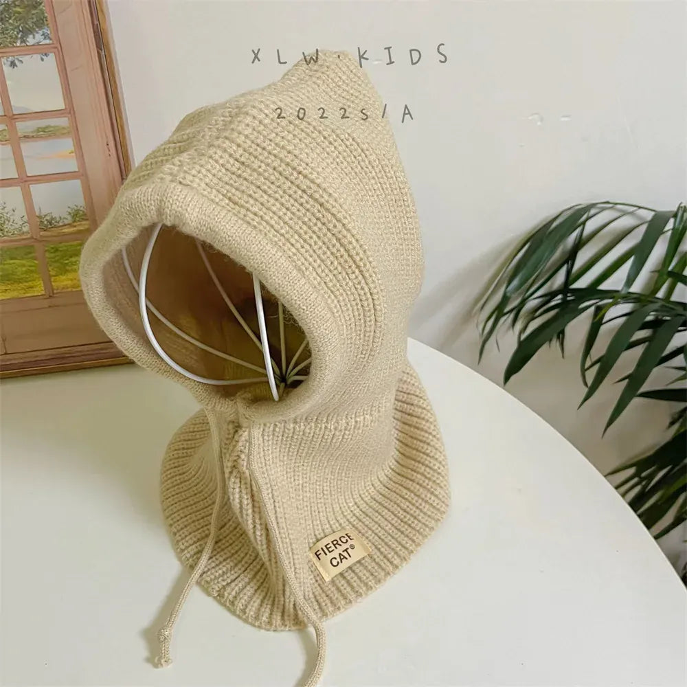 ベビー用帽子 beige / 48-53cm キッズ帽子 フーディネックウォーマー フェイスガード 頭巾タイプ 防寒 帽子