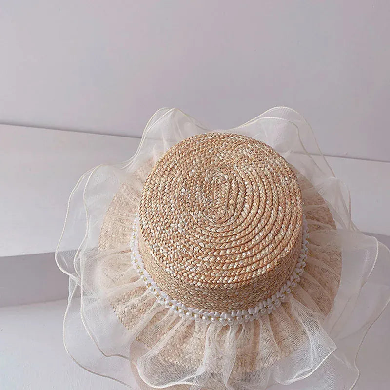 ベビー用帽子 Beige / 50-52cm キッズ フリル レース 麦わら 帽子 ストローハット【mh-0003503】