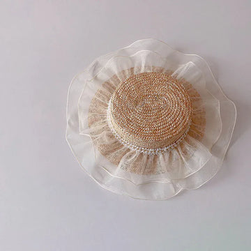ベビー用帽子 Beige / 50-52cm キッズ フリル レース 麦わら 帽子 ストローハット【mh-0003503】
