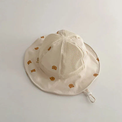 ベビー用帽子 Beige ベビー帽子 メッシュ バケットハット 日除け帽子 サマーハット ベアくまプリント【mh0005667】