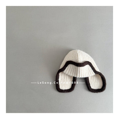 ベビー用帽子 Beige / One Size ジュニア ニット帽 バイカラーイピング 耳当て付き ビーニー 韓国風【mh0011594】
