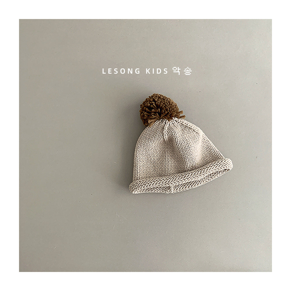 ベビー用帽子 Beige / One Size キッズ帽子 ニット ぽんぽん ロールブリム ニットキャップ【mh0011806】