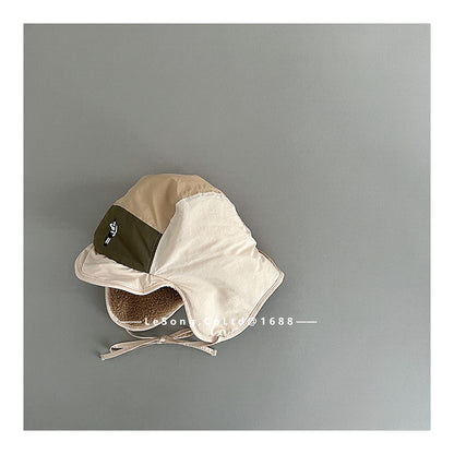 ベビー用帽子 Beige / One Size キッズ帽子 裏フリース 耳当て付き カラーブロック フライトキャップ【mh0011837】