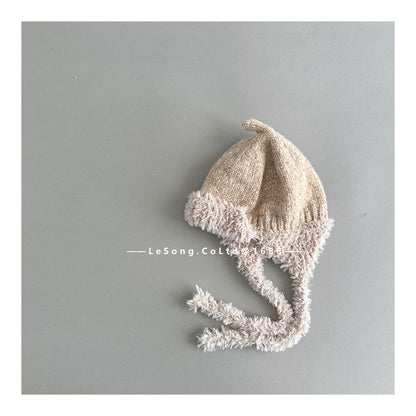 ベビー用帽子 Beige / One Size キッズ帽子 ニット 耳当て付き バイカラー ニットキャップ【mh0011846】