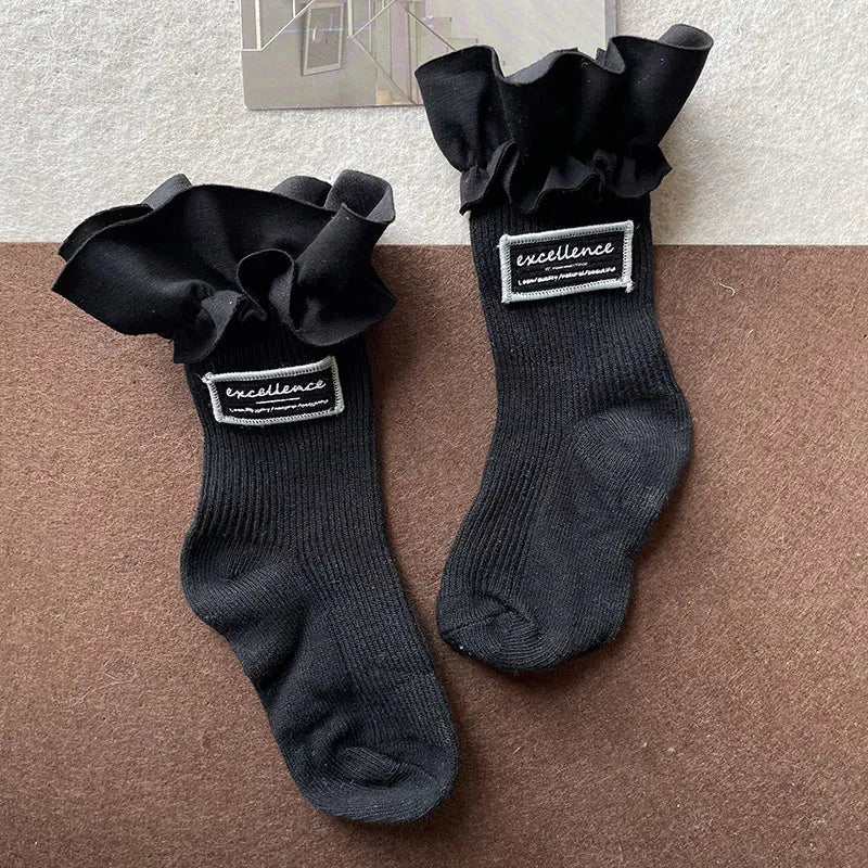 ベビー用靴下・タイツ Black / 1-3y length10-13cm ベビーキッズジュニアソックス 靴下 タグ付きラッフルフリルショートソックス ブラック/ホワイト【mh0007185】