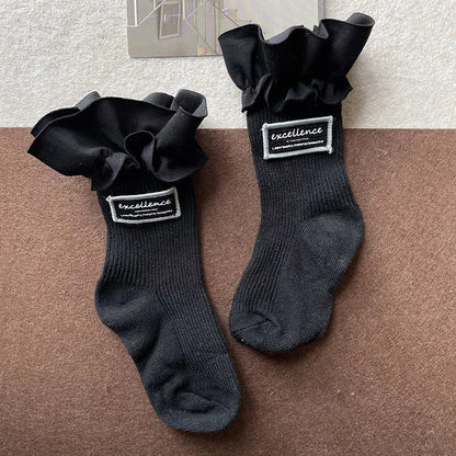 ベビー用靴下・タイツ Black / 1-3y length10-13cm ベビーキッズジュニアソックス 靴下 タグ付きラッフルフリルショートソックス ブラック/ホワイト【mh0007185】