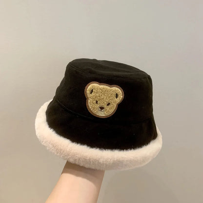 ベビー用帽子 black / 46-52cm キッズ帽子 バケットハット ボアフリース 防寒 クマベアワンポイント 5カラー ユニセックス 男の子 女の子 子供服