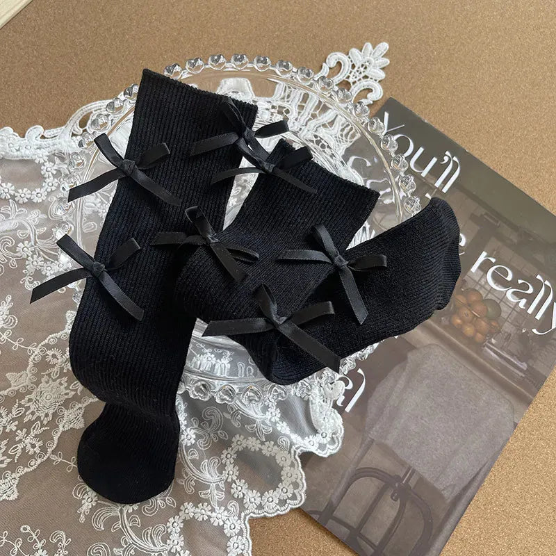 ベビー用靴下・タイツ Black / free 1-13year キッズソックス リボンハイソックス【mh0007562】