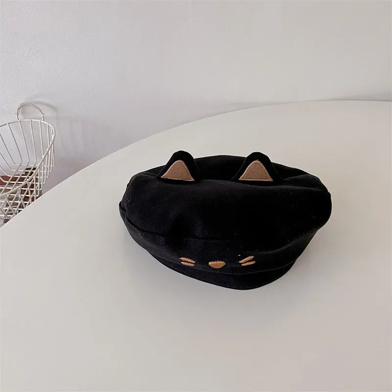 ベビー用帽子 black / One Size キッズ帽子 ねこ 猫 キャット 刺繍 ベレー帽 耳付き ハット
