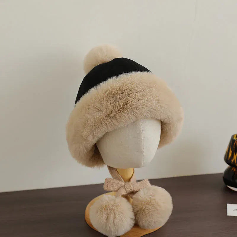 ベビー用帽子 Black / One Size キッズ帽子 フェイクムートンポンポン付きファーフリースキャップ【mh0007908】