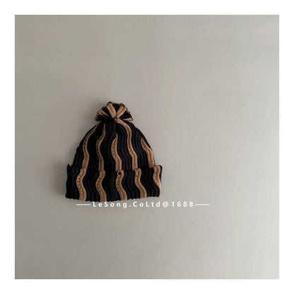 ベビー用帽子 Black / One Size キッズ ニット帽 ウェーブ柄 ビーニー 韓国風 ニュアンスカラー【mh0011590】