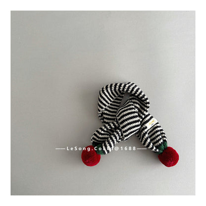 ネックウォーマー Black / One Size キッズマフラー ボーダー ニット ぽんぽん ネックウォーマー【mh0011805】