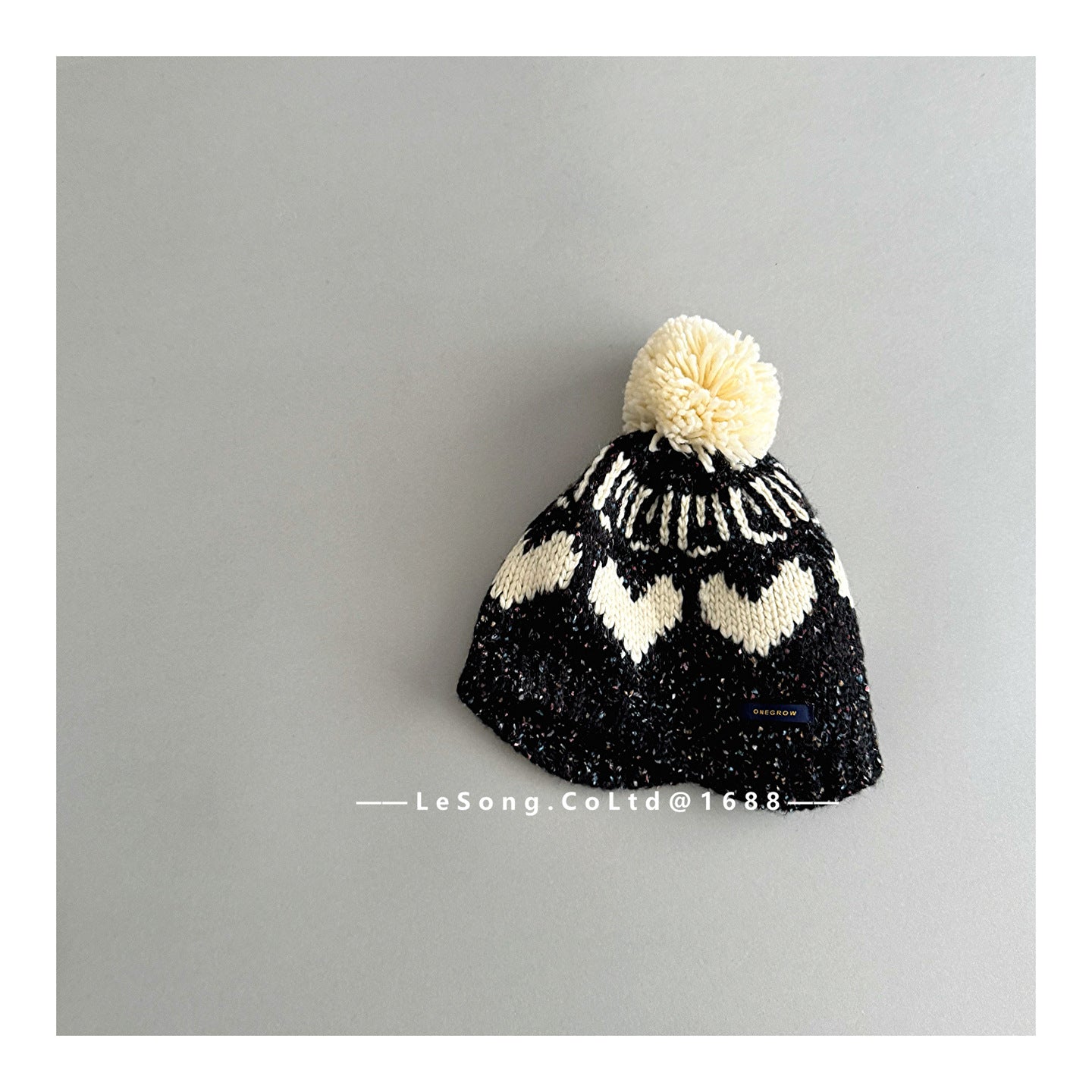 ベビー用帽子 Black / One Size キッズ帽子 ニット ハート ぽんぽん ビーニー ニットキャップ【mh0011838】