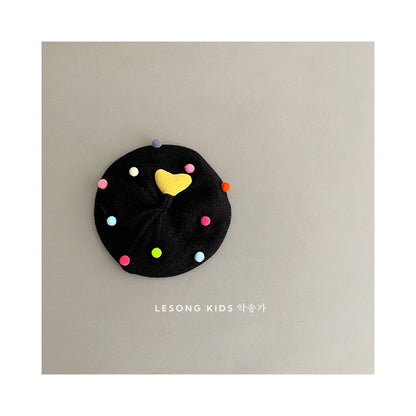 ベビー用帽子 Black / One Size ベビー帽子 カラフルぽんぽん ハート ニット ベレー帽【mh0011842】