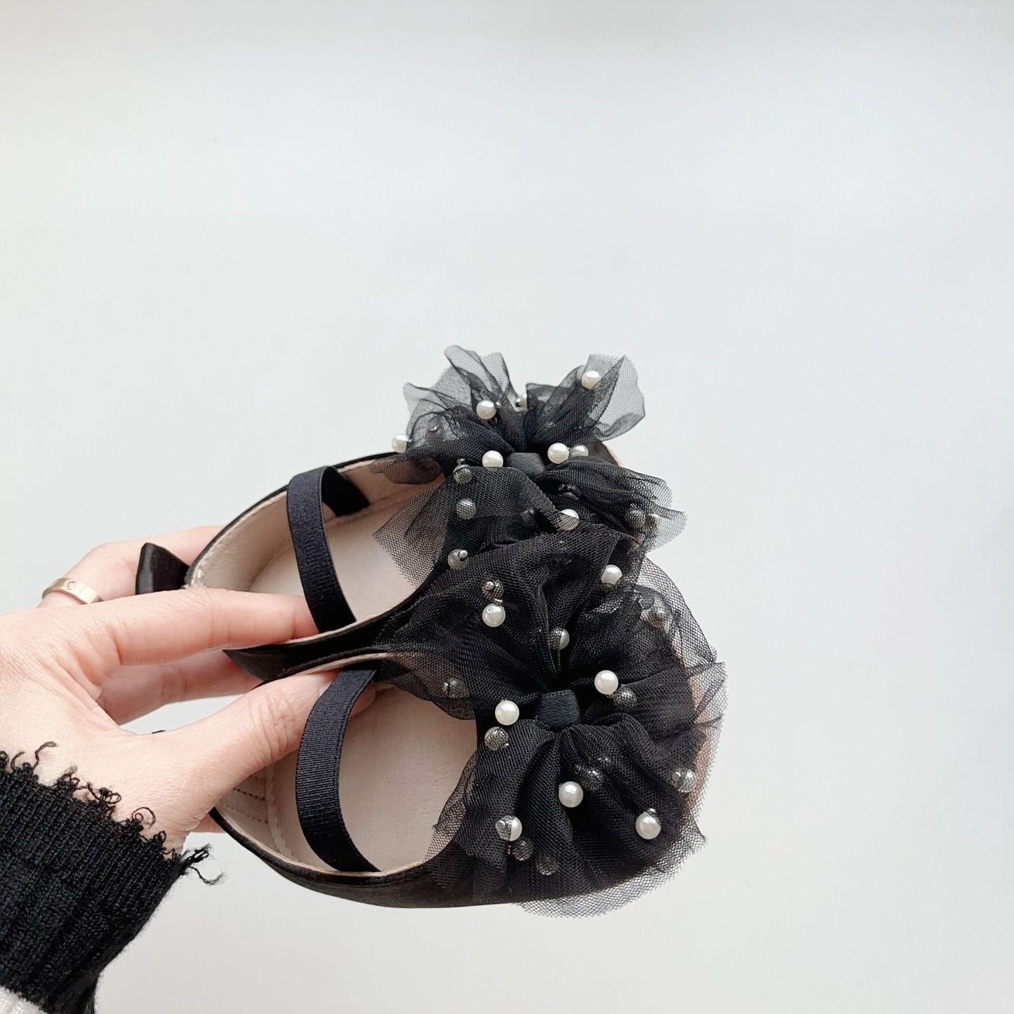 ベビー用靴 Black / S (inseam 11 cm) ベビーシューズ チュールリボンパールフラットバレエシューズ【mh0009717】