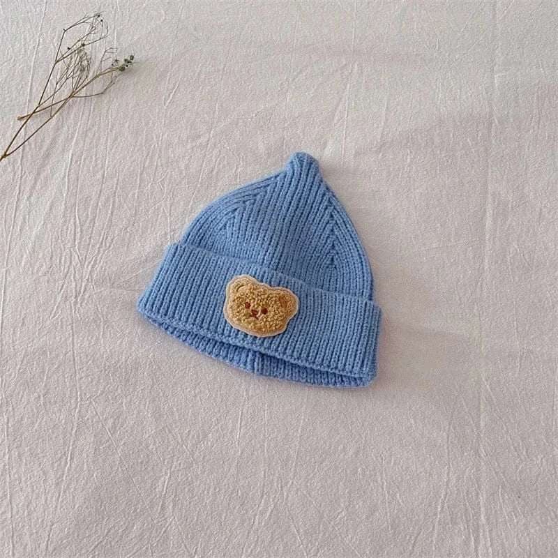 ベビー用帽子 Blue / 46-48cm 0-3Y ベビー帽子 ベアくまワッペンニットキャップビーニーニット帽【mh0007683】